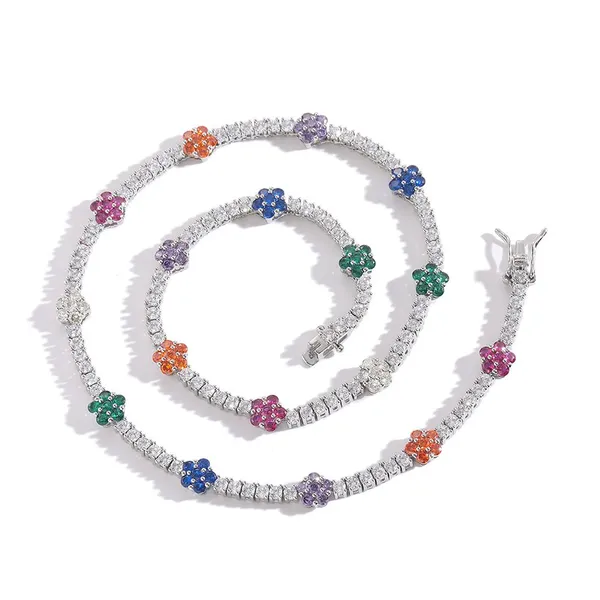 Brass Cubic Zircon Women 2.5mm Flower Shape Tennis Chain Necklace Party Jewelry BC131 photo-5
