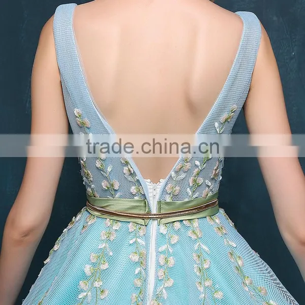 MGOO New Coming Popular Pageant Dress For Women Sky Blue Sheer V Neck Embroidery Floral Dress Evening Long 2260 photo-6