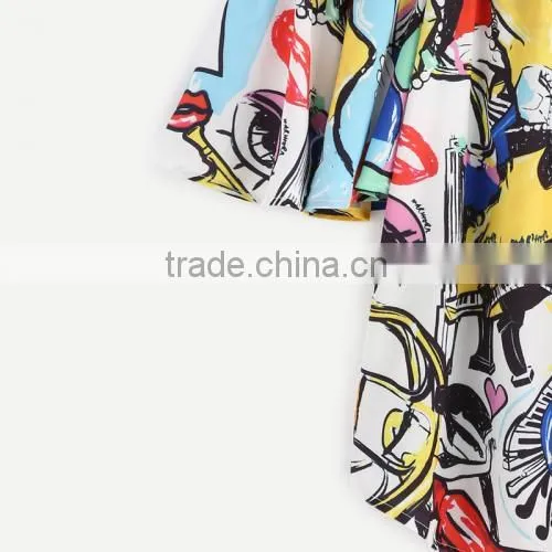 2017 New Designs Off Shoulder Printed Character Pattern Ladies Short Sleeve Blouses photo-4
