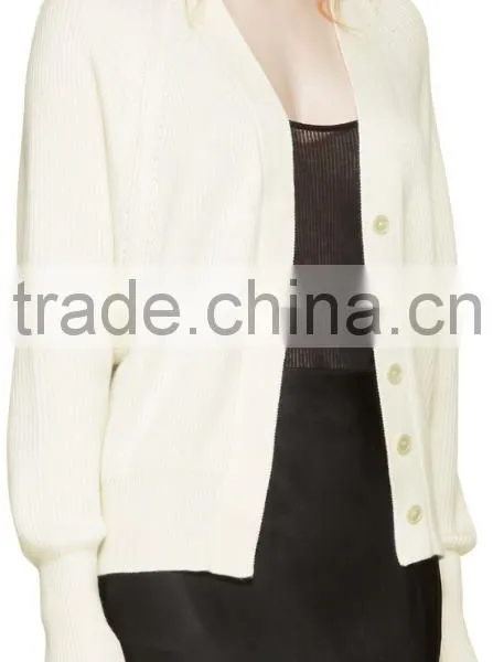 Raglan Sleeve Y-Neck Collared Ivory White Rib Knit Cashmere Cardigan for Women photo-2