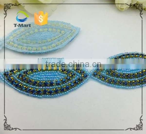 Blue Beaded Rhinestone Crystal Bridal Ribbon Belt Craft Applique photo-3