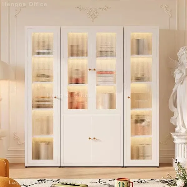 Arched Glass Door Steel Bookcase — Vintage Gold Handle Display Cabinet With Magnetic Quiet Close photo-4