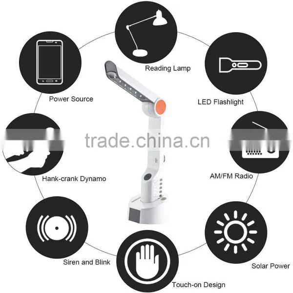 Solar Power/Hand Crank/Adapter LED Desk Light Charger for Mobile Phone With AM/FM Radio Blink Siren FunctionTable Lamp photo-4