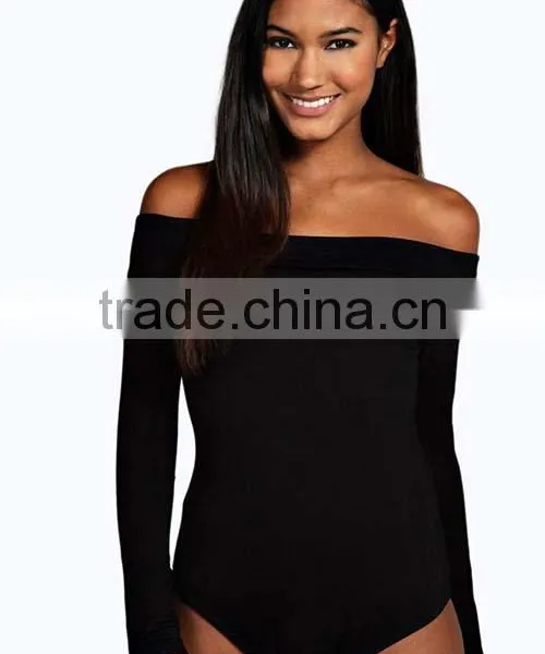 Professional Manufacture Factory Supply Bardot Neckline Long Sleeve Bodysuit Women