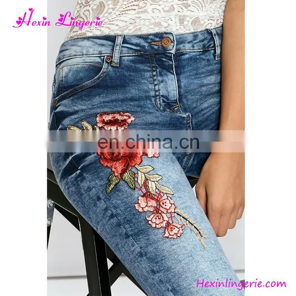 Latest Girls Light Blue High Waist Holes Embroidery Tight Jeans 2017 photo-4