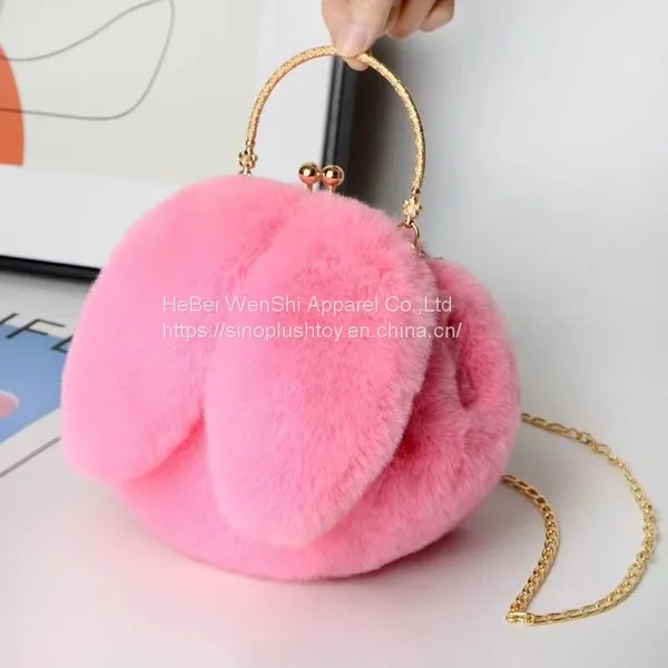 010Plush Bag Female Oblique Crossbody Korean Version Lovely Chain Women Handbag Fur Plush Shoulder Bag Rabbit Ear Clip Mouth Bag photo-4