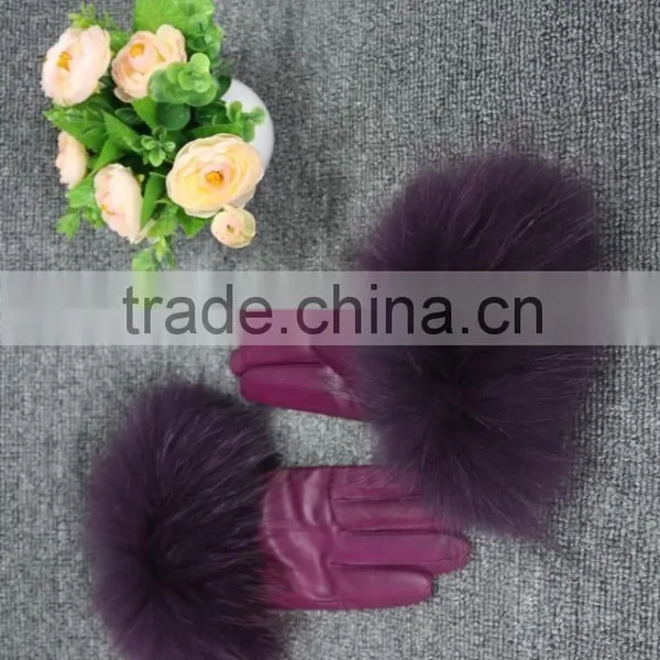 Fashion Sheep Leather Gloves Women Touchscreen Raccoon Fur Cuff Leather Gloves photo-3
