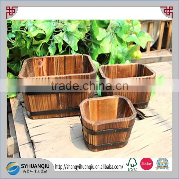 Outdoor Garden Use Square and Rounded Wooden Flower Planter Box With Metal Staps Decor photo-2