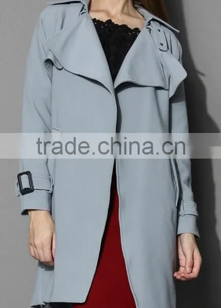 Beige /Grey/Indigo Blue Color Open Front Design Full Lined Long Jacket,beautiful Women Belted Textured Trench Jacket Coat