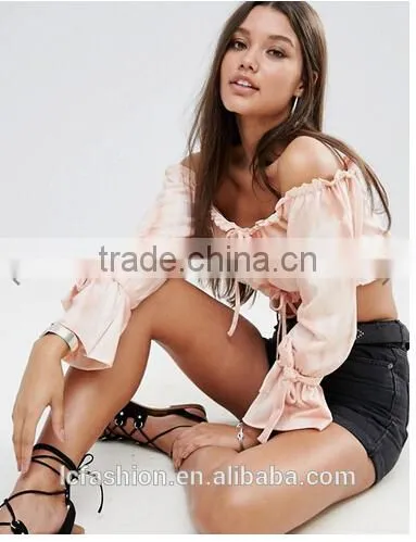Sexy Blouse Designs Pale Pink Tie Dye Print Off-shoulder Women Tops Blouse photo-4