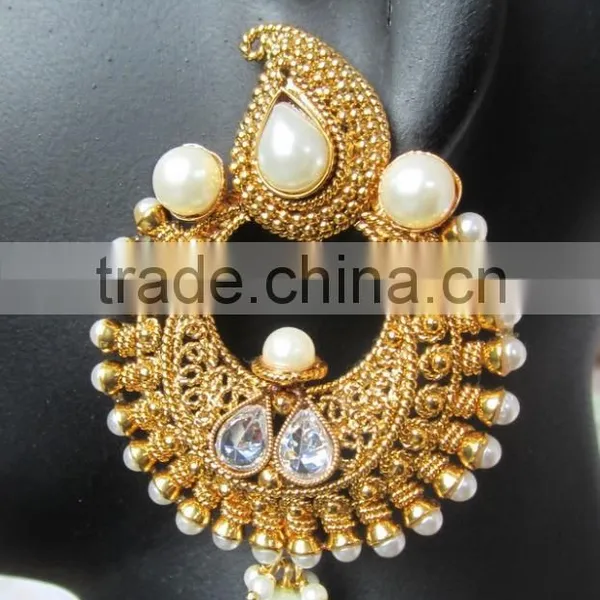 Gold Plated DANGLER WHITE PEARL CHAND BALI Earrings photo-3