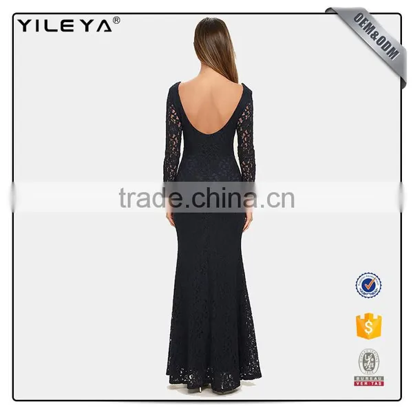 Guangzhou Factory Offer Long Sleeve Sexy Black Elegant Women's Crochet Lace Dress 2017 Designs ,women Lace Long Evening Dress photo-4