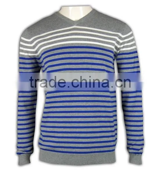 ISO9001/BSCI Manufature Blue V-neck Striped Design Wool Sweater photo-3