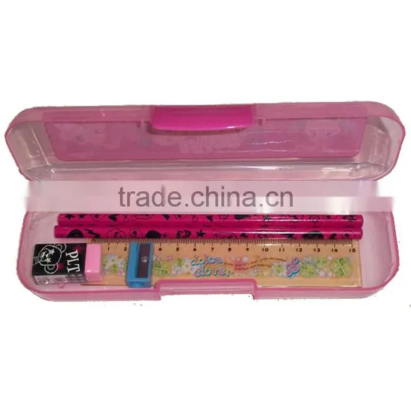 Curtom Logo Print Transparent Colorful Plastic Pencil Case Pen Boxes Set With Pencil Ruler and Eraser