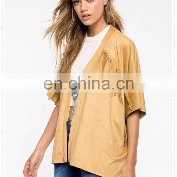OEM High Quality Oversized Half Sleeves Fringe Faux Suede Jacket photo-6