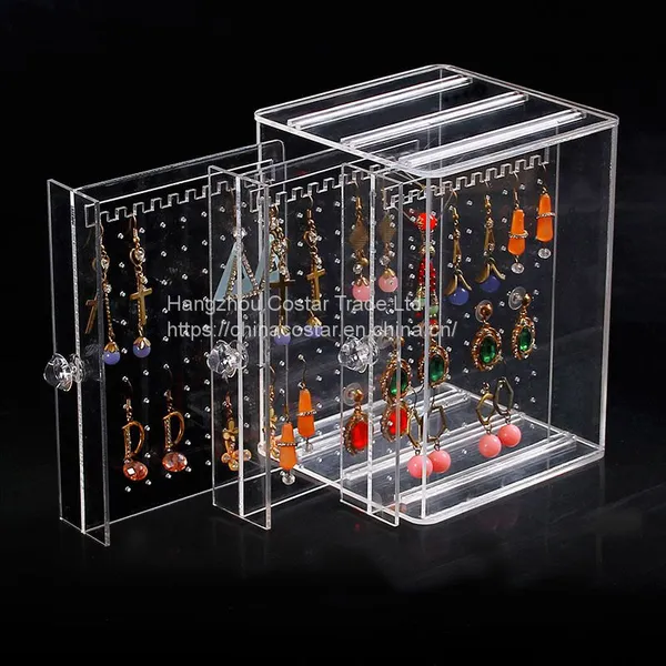 Acrylic Jewelry Storage Box Earring Display Stand Organizer Holder With 3 Vertical Drawer photo-2