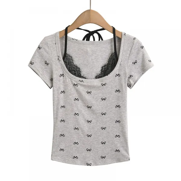 French-style Casual T-shirt With Floral Lace Trim and Bow Detailing, Featuring a Strapless Design and Short Sleeves. photo-4