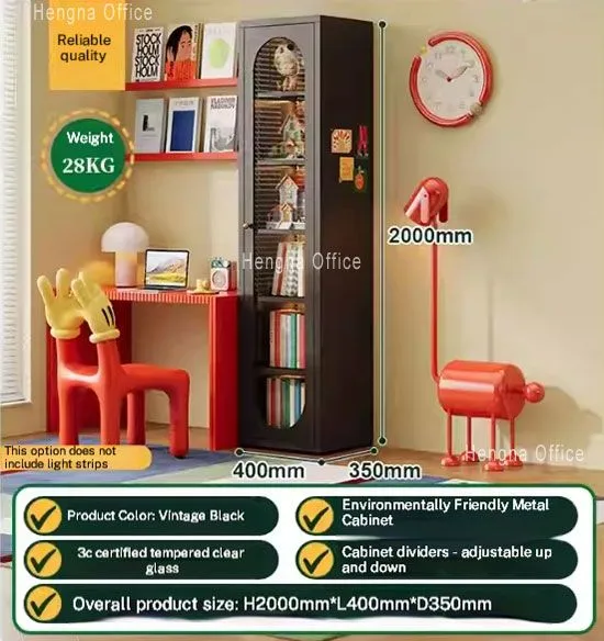 Vintage Metal Glass Bookcase With Curved Glass Door for Study Room | 3C Certified Tempered Glass & Adjustable Shelves photo-3