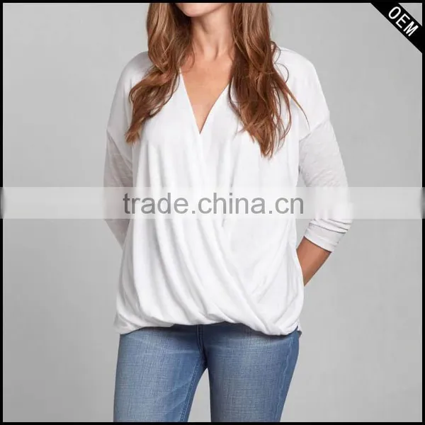 Women Latest Fashion Blouse Design Chiffion Draped Wrap Blouse 2015