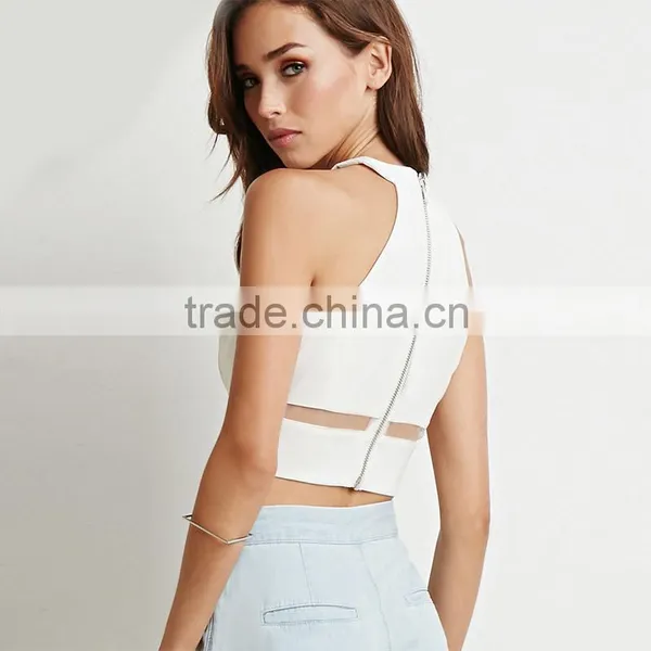 Plain Zipper Slim Fit Fabric Combined Crop Top for Women