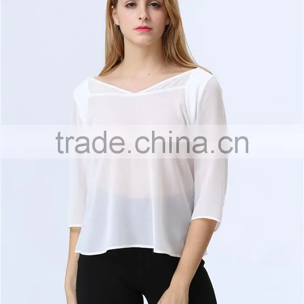 See-through White Chiffon Three Quarter Sleeve Casual Loose Blouse/Top for Ladies/Women photo-5