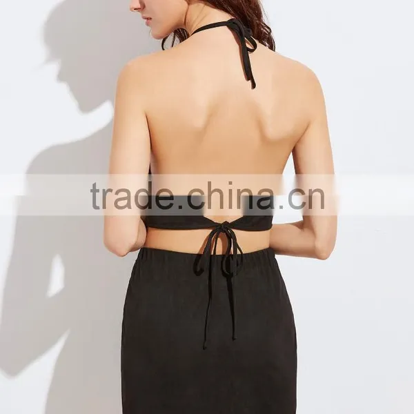 Two Piece Set Women Dress 2017 Black Embroidered Rose Applique Suede Halter Top With Skirt photo-3