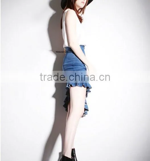 2015 New Fashion Asymmetrical Ruffled Denim Pencil Mini Short Skirt photo-5