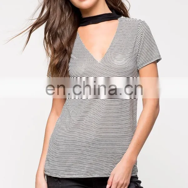 Custom Wholesale V-neck and Back Cotton Striped t Shirt for Women photo-4