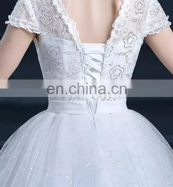 LSO021 Wedding Gown Classic Short Sleeves With Bow at Front White Dresses for Girls photo-3