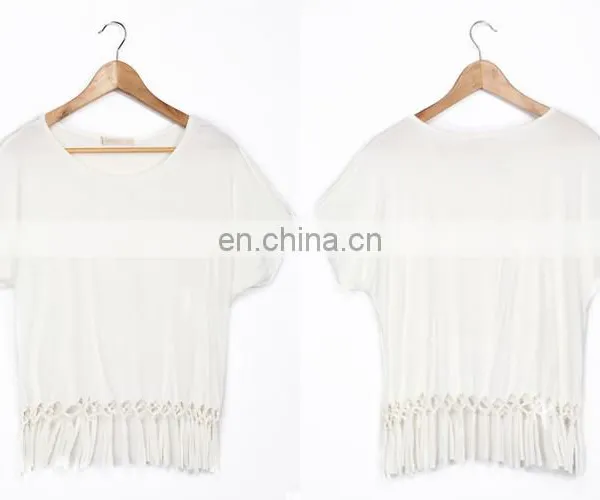 Tassel Design Short Sleeve Women Fashion Garment White Tops photo-3