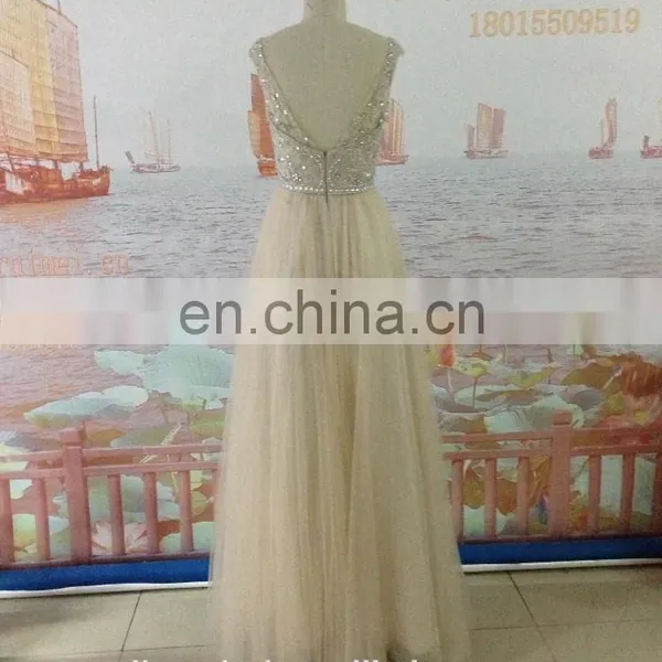 Mint Green Beaded Rhinestones Champagne Color Tulle Long Floor Length High Neck Cap Sleeve Backless Evening Dresses Prom Dress photo-5