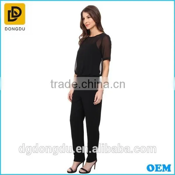 Latest Style Hot Sale Illusion Short Sleeves Elasticized Waist Jumpsuit For Women photo-2