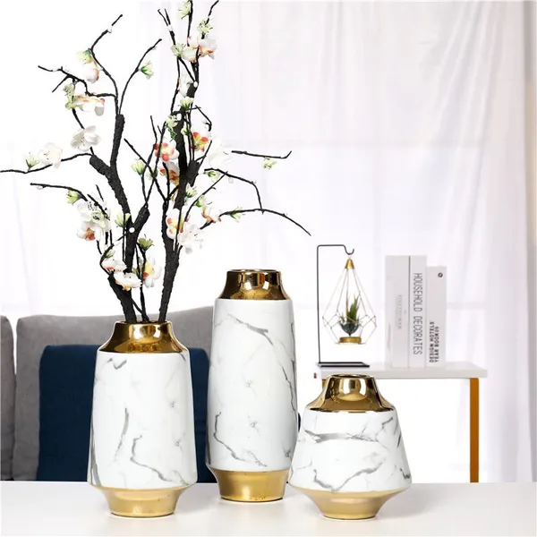 White Marbling Ripple Electroplate Gold Modern Ceramic Flower Vase Decoration Art For Showroom photo-2
