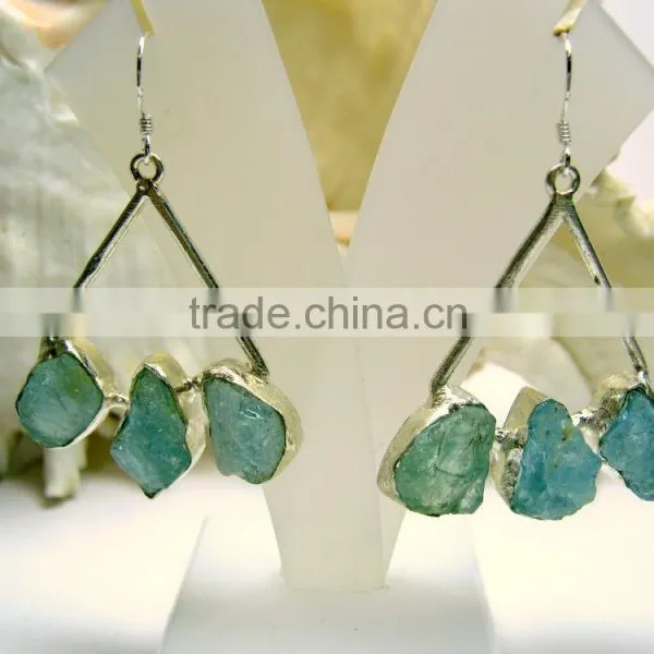 Aquamarine Multi Stone Rough Gemstone Earrings, 925 Solid Sterling Silver Earrings, Dangle Designer Earrings photo-2