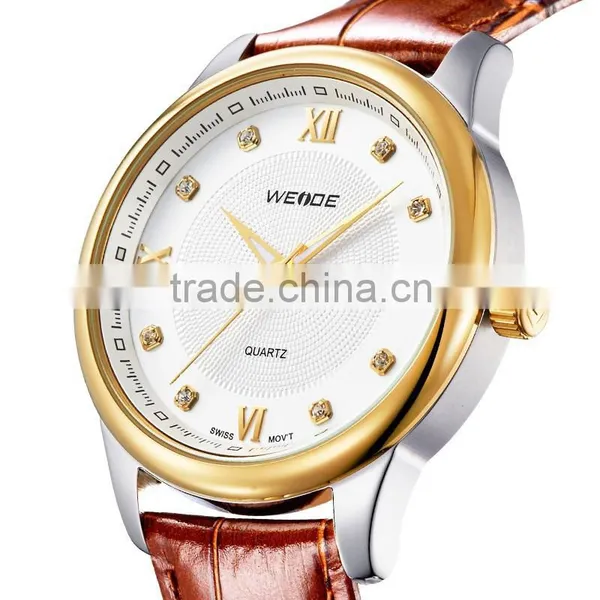 Luxury Brand Gold Military Genuine Leather Rhinestone Quartz Man Watch WEIDE 93008R photo-2