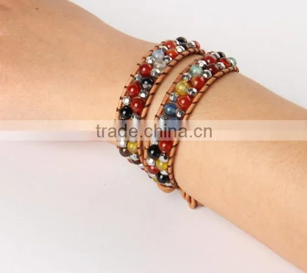 Pure Manual Discus Agate Bracelet Around Two Laps Leather Bracelet Grey Leather Bracelet photo-4