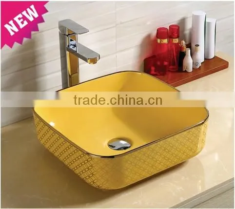 Beautiful White Bathroom Ceramic Vanity Golden Color Counter Top Basin photo-2
