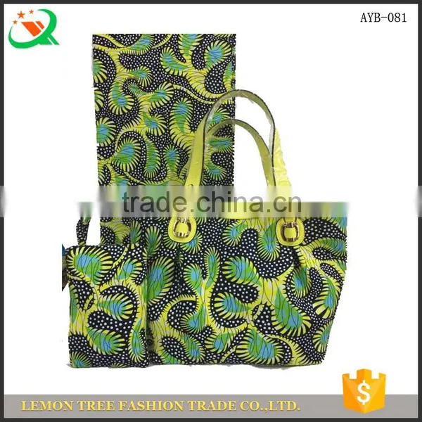 Fashionable Wax and Matching Bag Set Green Super Wax Fabric Mix Ladies Shoulder Bag