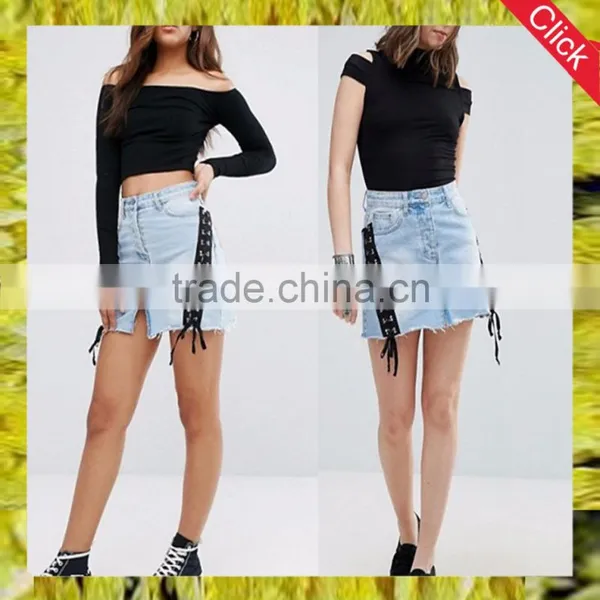 2017 New Style Fashion High Quanlity Women Sexy Cheap Mini Denim Skirts With Lace up Detail