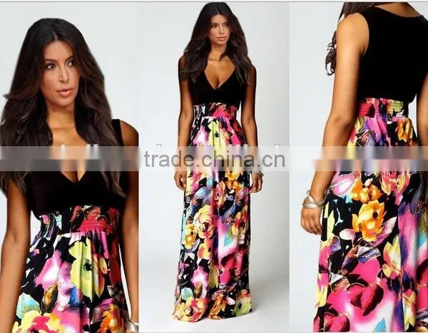 2016 NEW Fashion Print Floral Dress Deep V-neck Sleeveless Maxi Dress photo-5