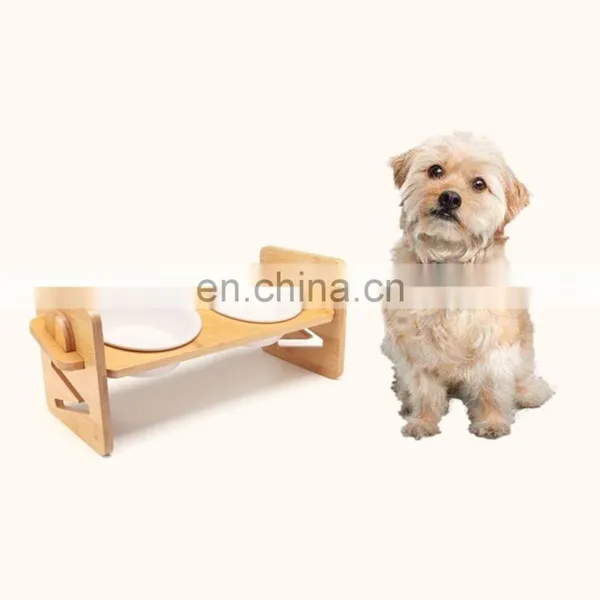 2022 Yellow Promotional Oem Cute Three Bowl for Dog Pet Milk Water Drinking Feeder Cat Paw Print Wood Stand Holder Bracket photo-5