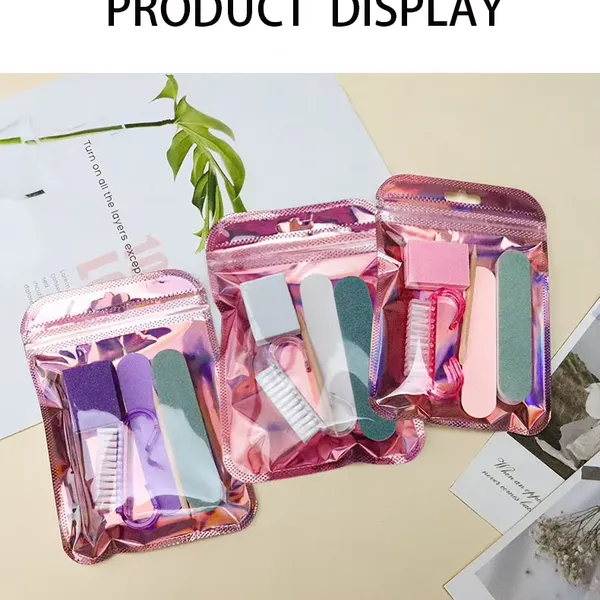 5 in 1 Travel Nail Care Kit Portable Manicure Set With Sponge Buffer Wood File and Horn Brush in Laser Bag