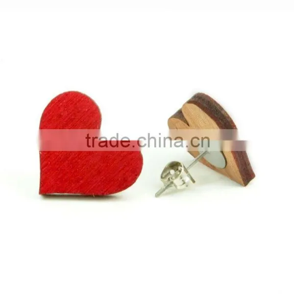 Good Quality Wood Hearts Studs Red Earrings