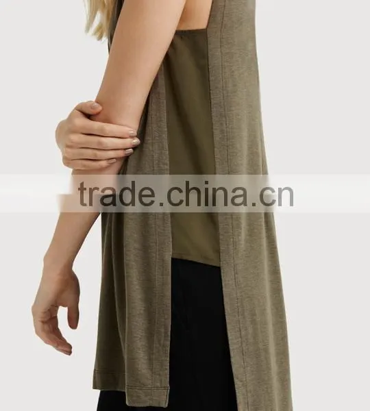 Latest Fashion Design Women Clothing Sleeveless Side Split Loose Long T-shirt photo-4