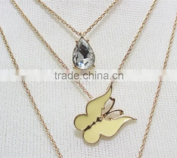 Gold Chain Layered Set Necklace W/Clear Teardrop Diamond Yellow Butterfly Metal Necklace 2016 Fashion Style Wholesale photo-3