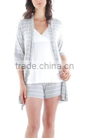 Fat Women Family Nightwear 95% Rayon / 5% Spandex Gray Stripe 5-Piece Mommy & Me Nursing Set photo-3