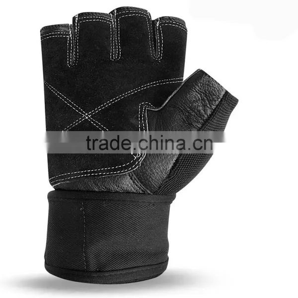 WEIGHT LIFTING GLOVES LEATHER GYM LONG STRAP WORKOUT BODY BUILDING GLOVES BLACK photo-2