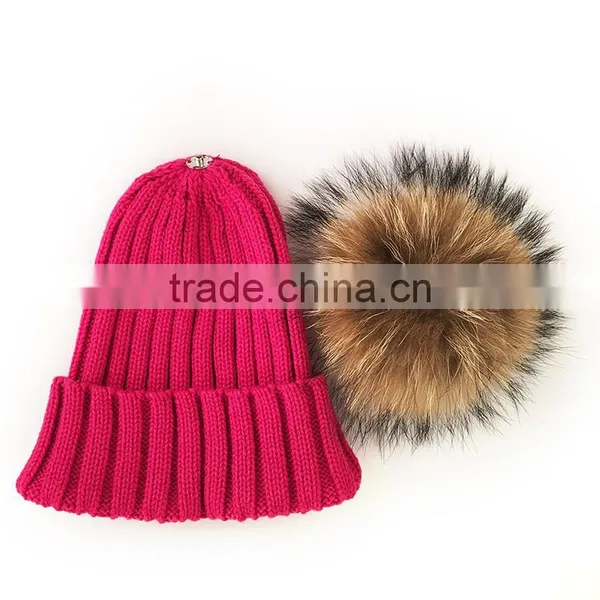Myfur Wholesale Women Crochet Wool Acrylic Knit Beanie With Natural Color Raccoon Fur Pom Pom photo-3