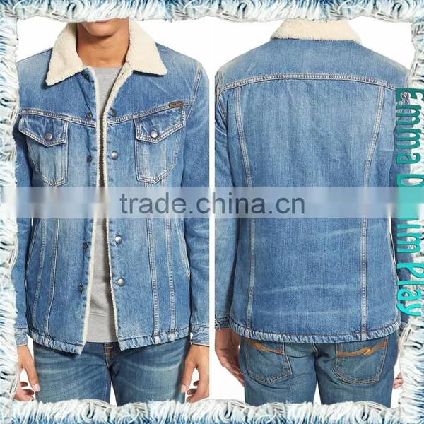 2016 Wholesale Men's Raw Blue Slim Long Sleeve Thick Fleece Lined Winter Denim Jackets photo-4