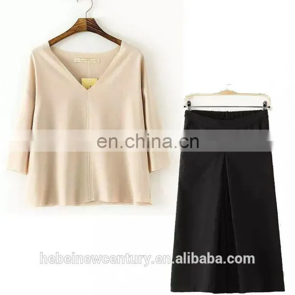 2015 New Fashin Dress Women V Neck Loose T-shirt Loose Pure Color Wide-legged Pants of Suit Lady's Simple Clothing Chiffon Dress